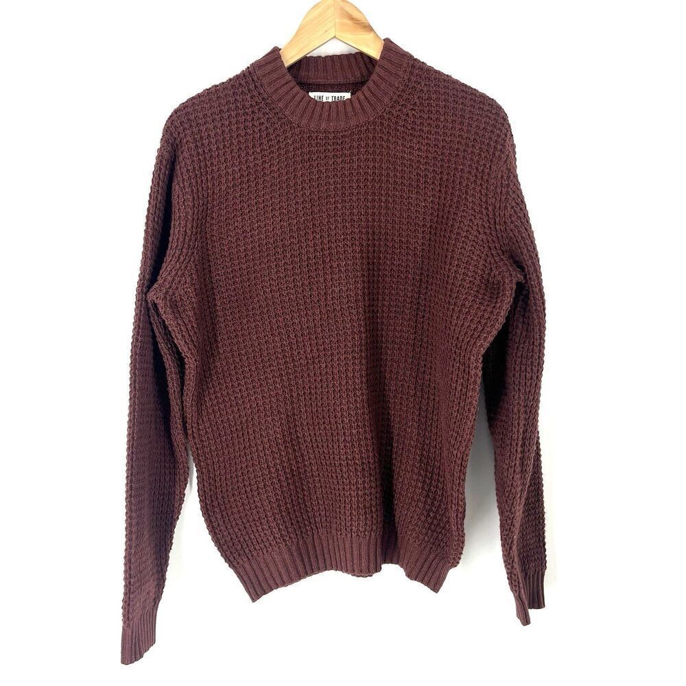 Line of Trade Sweater Size Large Mens Maroon Waffle Knit Crewneck Chunky Cotton